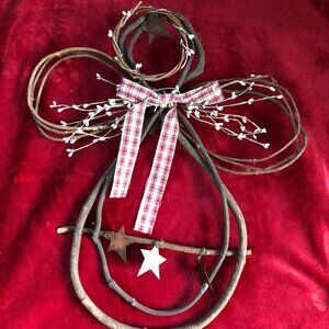 Rustic grapevine angel wall hanging, 4 metal stars, Measures 17" x 16"